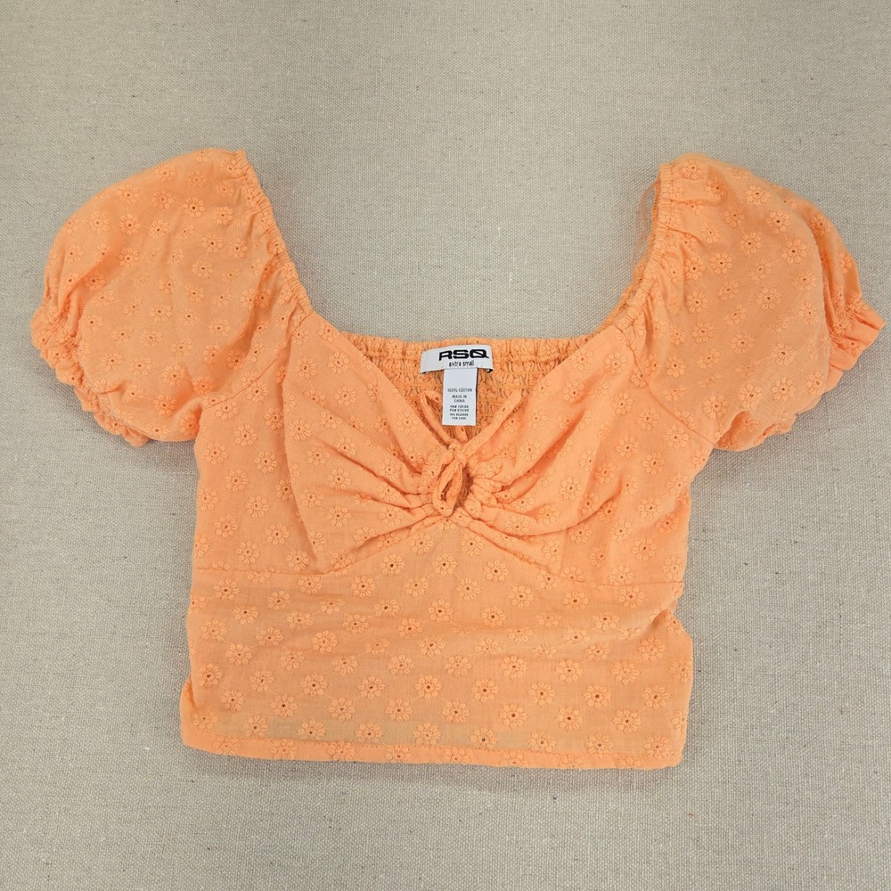 RSQ Orange Eyelet Puff Sleeve Crop Top XS